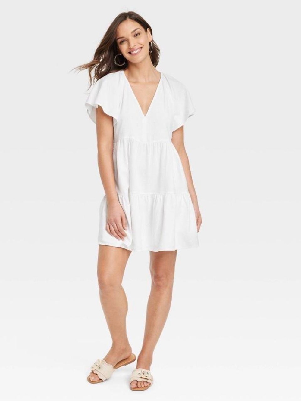 Boho Coastal Minimalist V-Neck Tiered Flutter Sleeve Mini Dress Size M